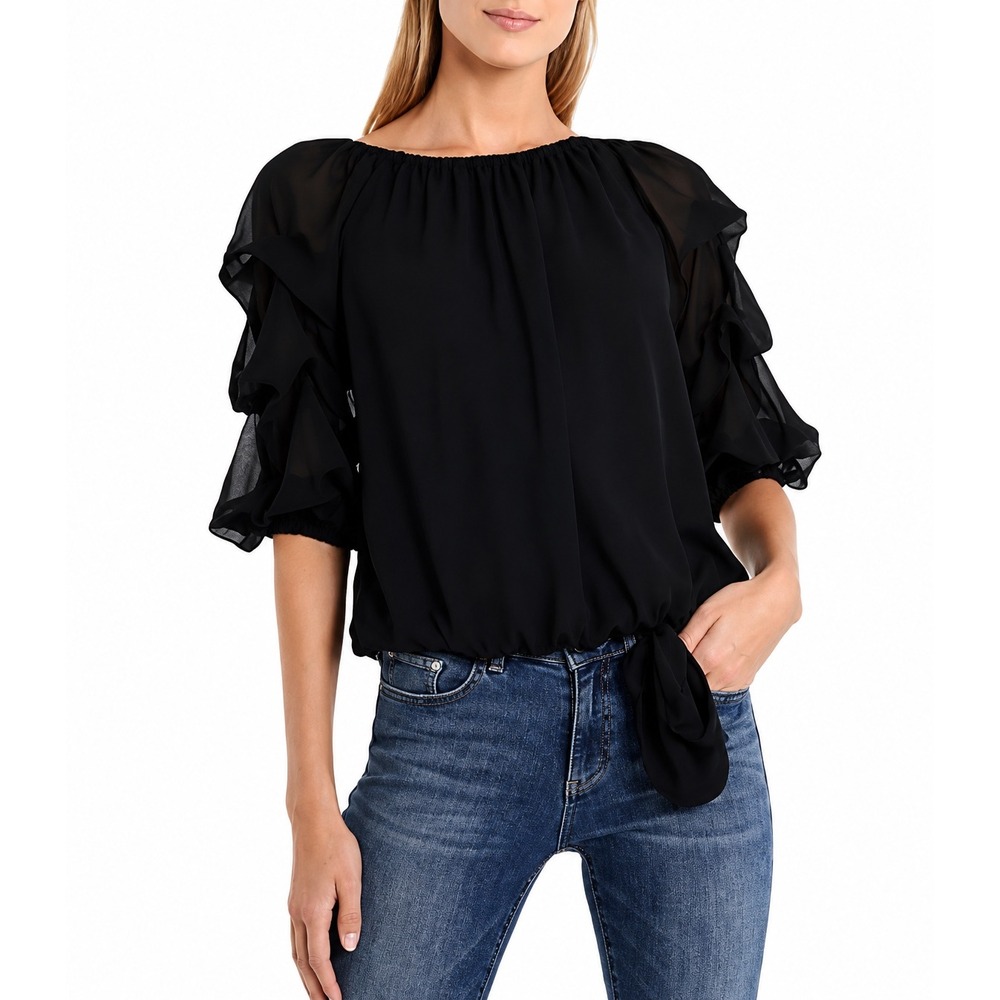 CeCe Black Ruffle Sleeve Tie-Hem Top